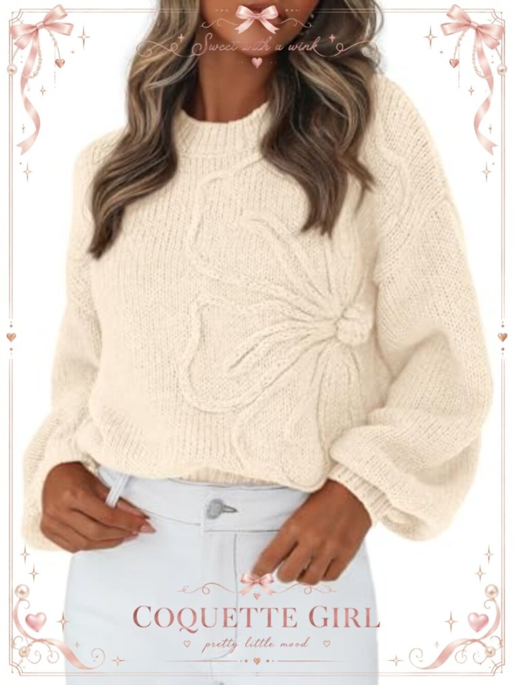 Oversized Crewneck Floral Pullover Sweater Lantern Sleeve Fall